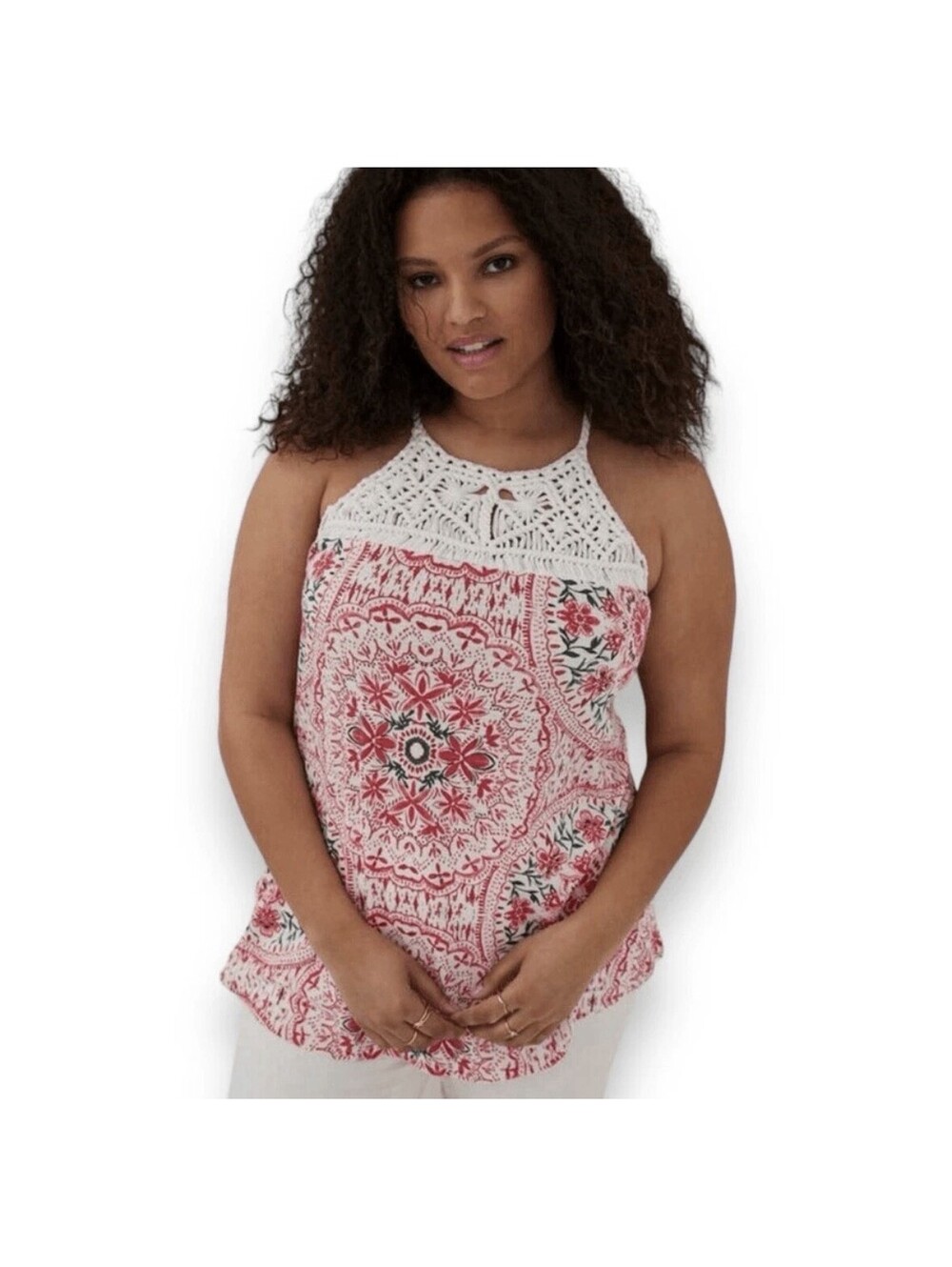 Torrid Knit Macrame High Neck Tank 5 5X Women’s Top Flowy Colorful Sleeveless